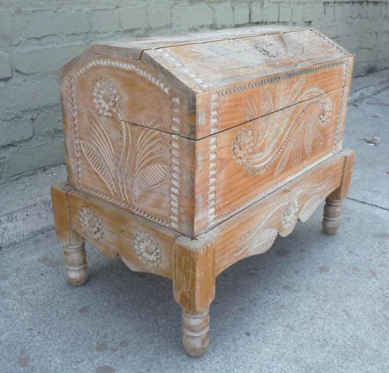 20th Century Amazing Early 20thc Hand Carved & Painted Mexican Wedding Trunk On Stand