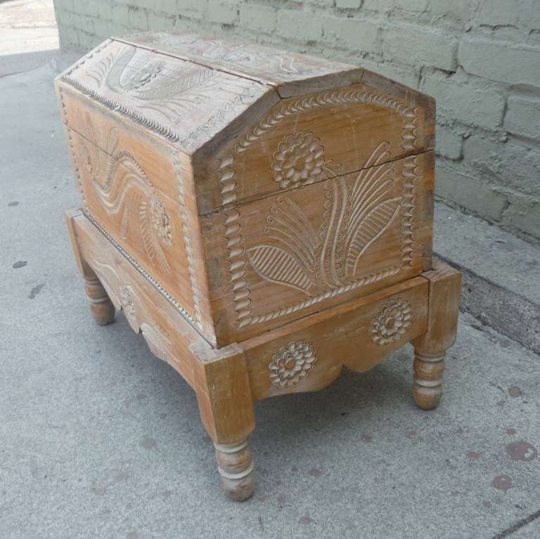 Pine Amazing Early 20thc Hand Carved & Painted Mexican Wedding Trunk On Stand