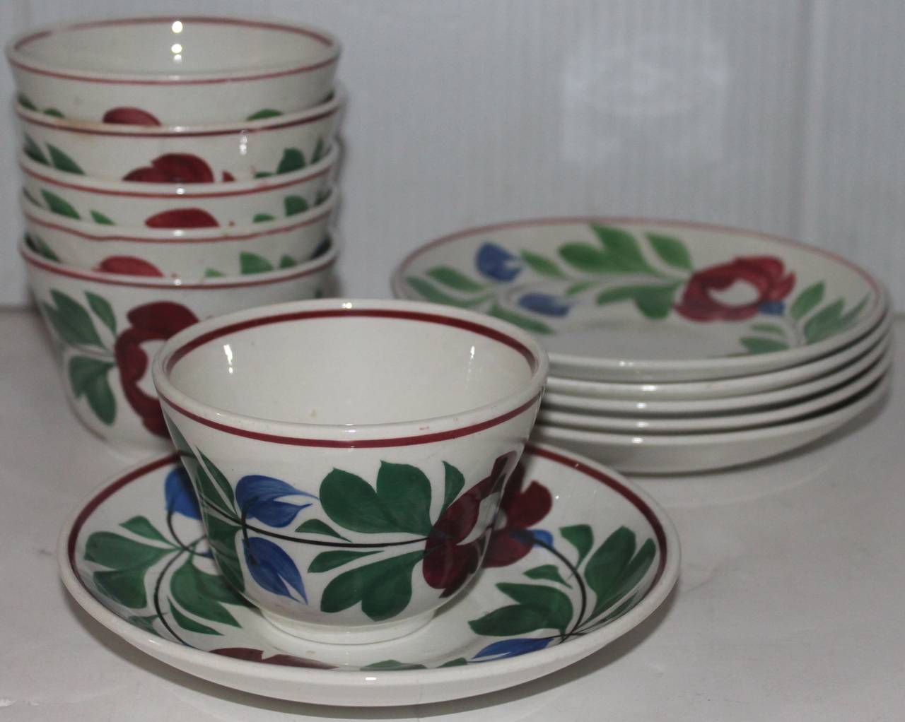 English Set of Six Matching 19th Century Adams Rose Cups and Saucers For Sale