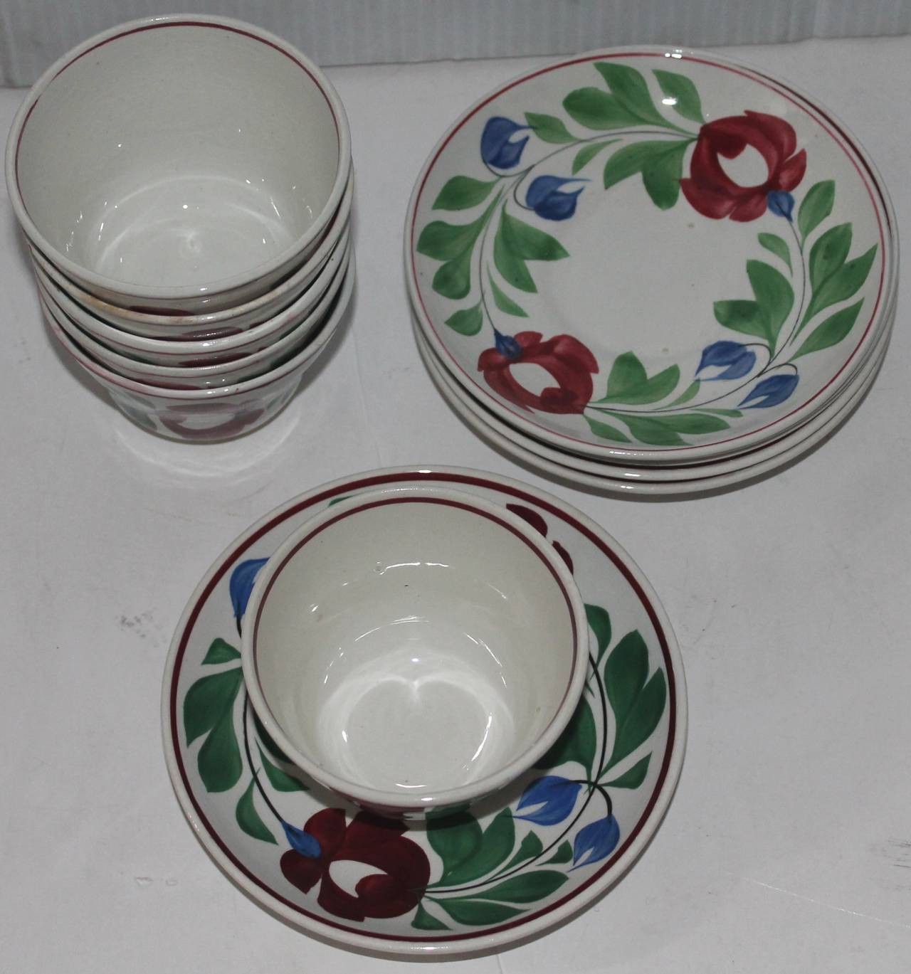 Hand-Painted Set of Six Matching 19th Century Adams Rose Cups and Saucers For Sale
