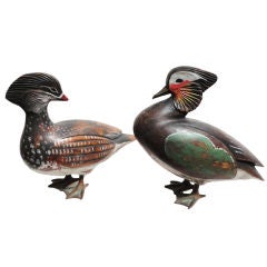 Folky Pair Of Decoys/ducks Original Paint W/ Brass Feet