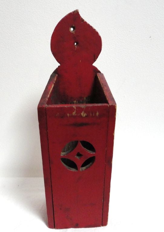 19thc Unusualfolk Art Wall Box In Original Red Paint W/cut Outs