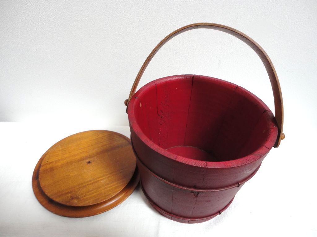 American Late 19thc Berry Bucket W/original Lid And Bentwood Handle