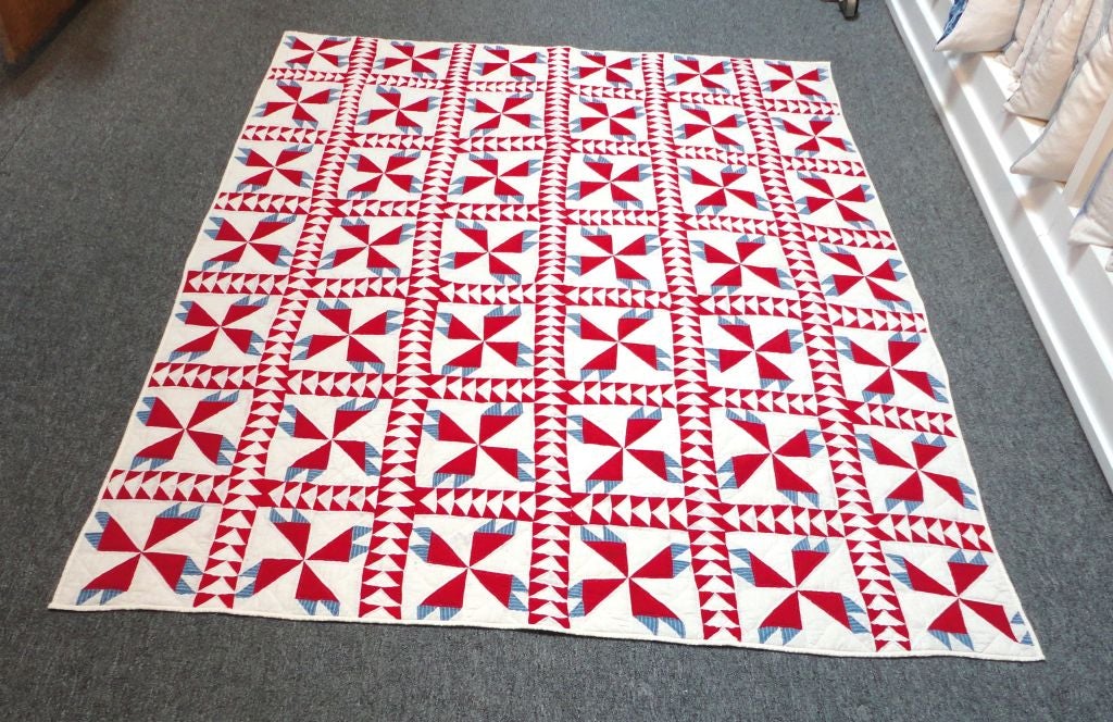 19thc Red, white, &blue Flying Geese/pinwheel  Variation Quilt