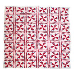 Antique 19thc Red, white, &blue Flying Geese/pinwheel  Variation Quilt