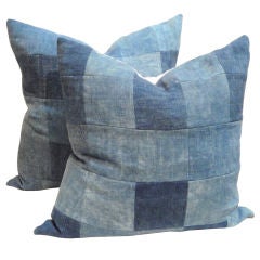 Antique Fantastic 19thc Blue Linen Homespun Patchwork Pillows