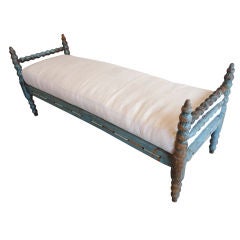 Antique Folky 19thc Original Blue Painted Day Bed W/homespun Linen Seat
