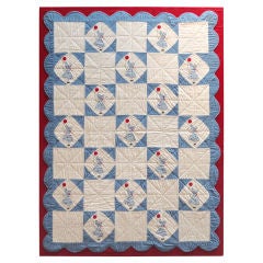 Folky Mounted Red/White/Blue Sunbonnet Sue Crib Quilt with Balloon