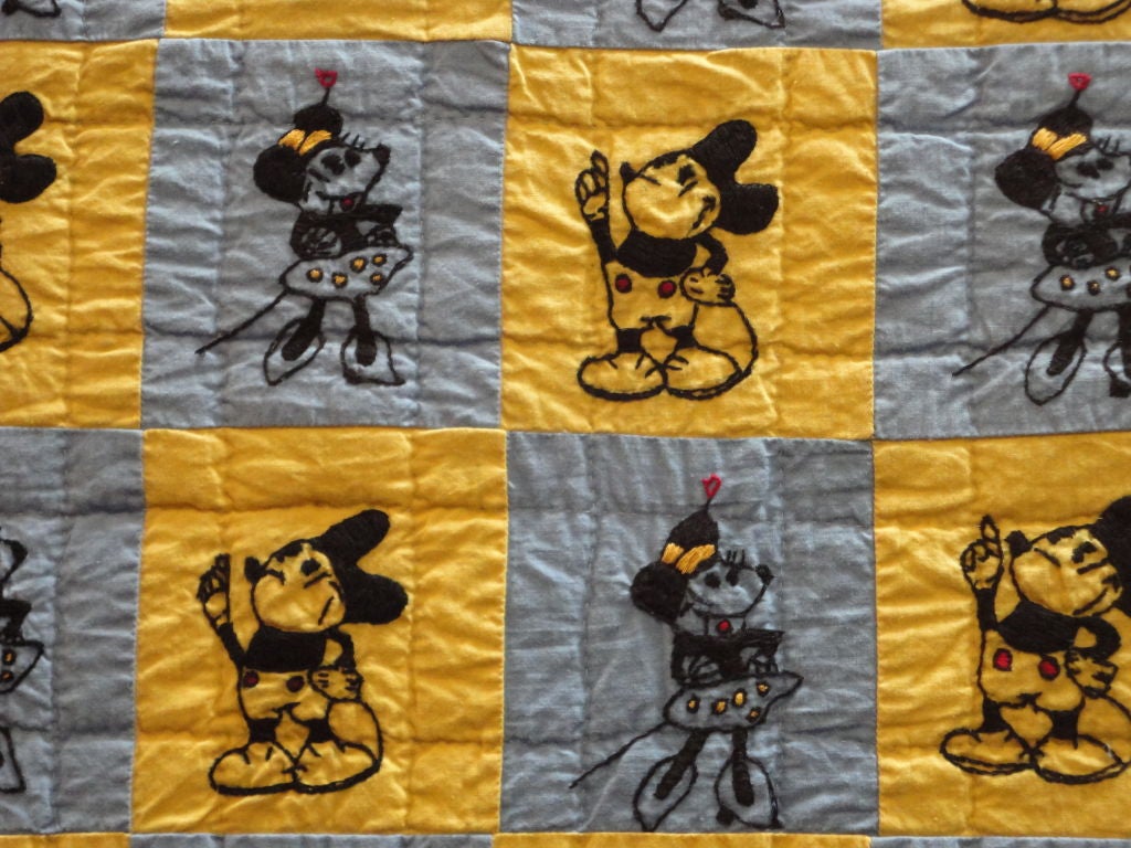 Folk Art Mounted Folky and Rare Mickey & Minnie Mouse Crib Quilt
