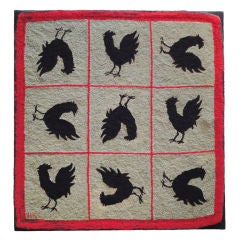 Folky 1930's Hand Hooked  Rug Cocky Chickens On Stretcher