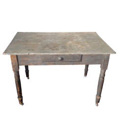 19thc original grey painted zink top kitchen table w/casters