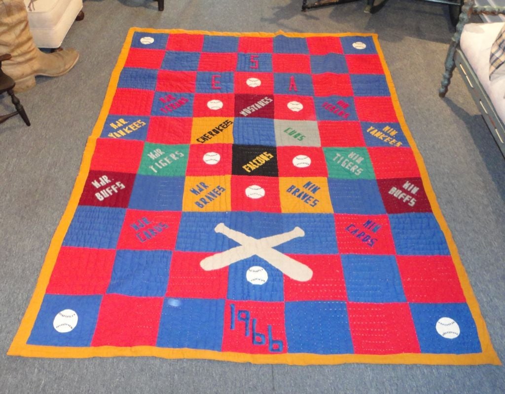Fantastic Dated 1966 Baseball Applique Quilt From  Texas