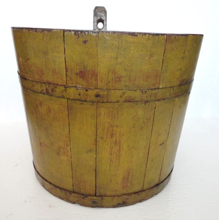 Pine Fantastic & Rare  19thc Shaker Original Mustard Painted Bucket