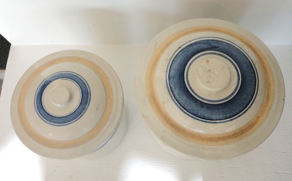 19th Century 19thc Blue&white Matching Striped Crocks W/lids-pair