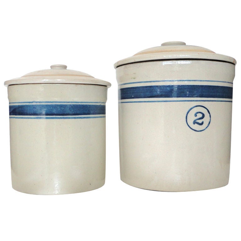 19thc Blue&white Matching Striped Crocks W/lids-pair