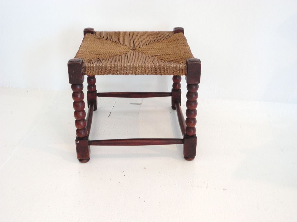 Adirondack 19th Century Red Washed Painted Pine Footstool with Sea Grass Woven Top