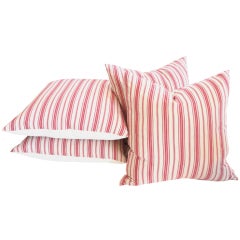 Vintage Red & White Ticking Pillows W/ Homespun Linen Backing