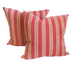 19thc American Early Red & Brown Striped Ticking Pillows
