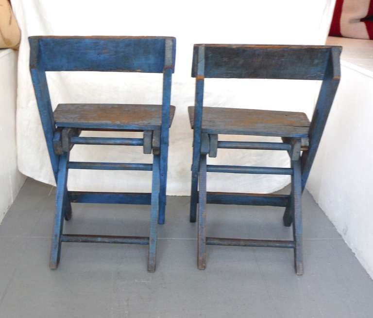 19th Century Amazing Pair of  19thc Original Blue Painted N.E. Folding Camp Chairs