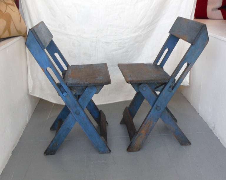 Amazing Pair of  19thc Original Blue Painted N.E. Folding Camp Chairs 1