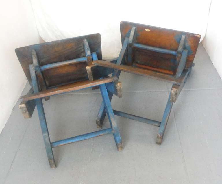 Amazing Pair of  19thc Original Blue Painted N.E. Folding Camp Chairs 3