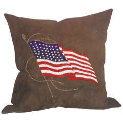 Navajo Patriotic Flag Beaded Pillow On Leather w/ Linen Backing