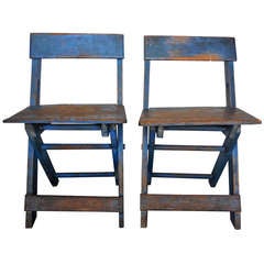 Used Amazing Pair of  19thc Original Blue Painted N.E. Folding Camp Chairs