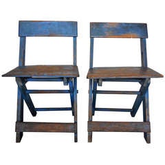 Antique Amazing Pair of  19thc Original Blue Painted N.E. Folding Camp Chairs