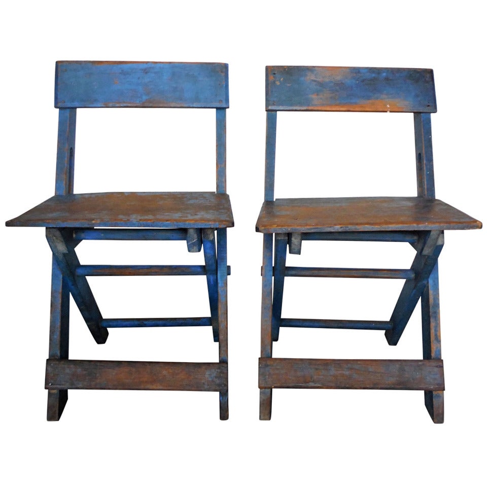 Amazing Pair of  19thc Original Blue Painted N.E. Folding Camp Chairs