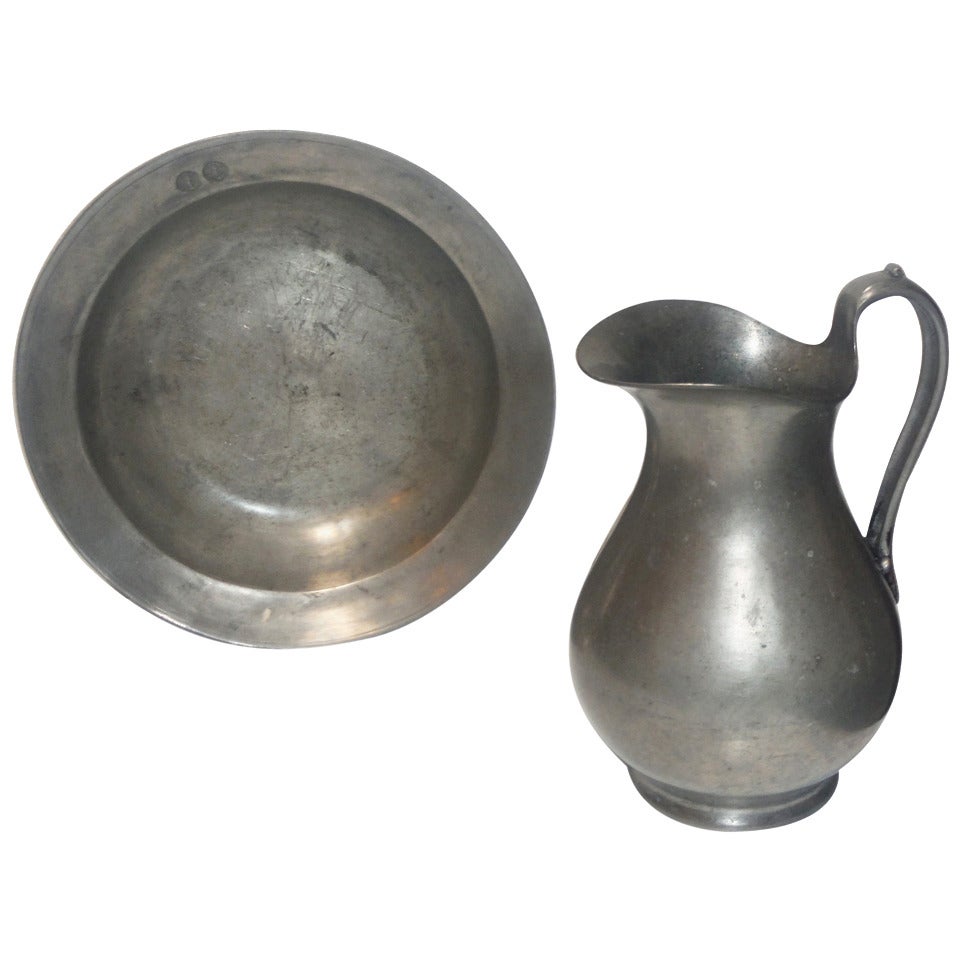 Monumental Pewter Pitcher and Bowl Dated 1760 For Sale