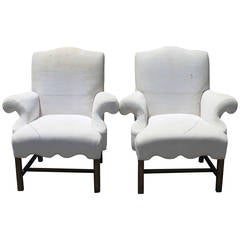 Pair of Decorative Chippendale Arm Chairs Upholstered in  19th c French Linen