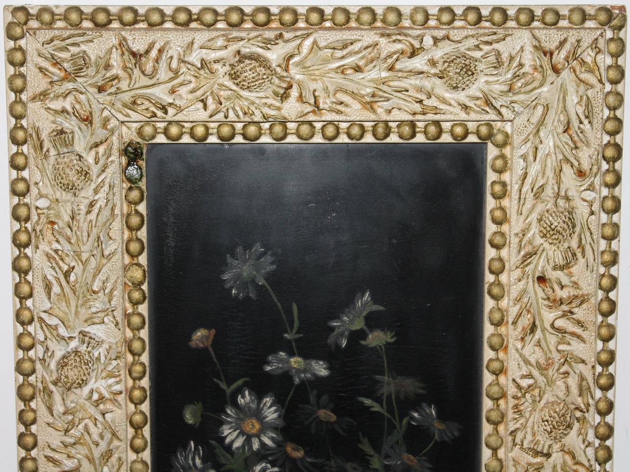 19th century Victorian oil painting on board. This Folk Art casing is the original casing with original paint. This oil painting is in pristine condition and has minor wear. This is a painting on original black painted board. The Folk Art frame