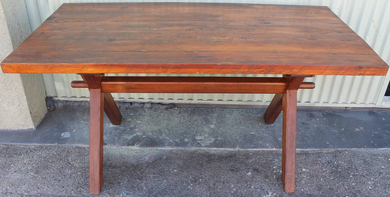 19th Century American Pine Plank Top Saw Buck Dining Table