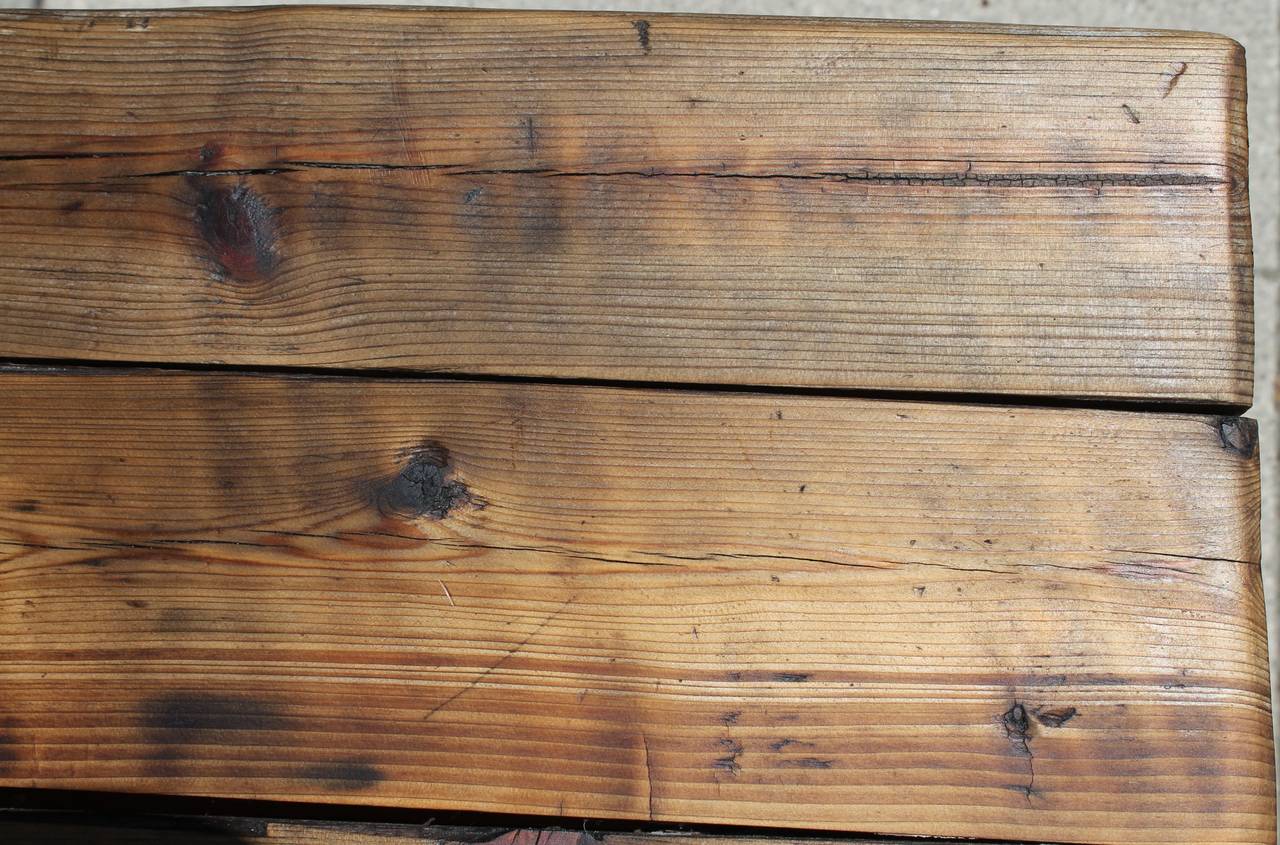 20th century rustic bench/shelf. Signed Habitant shop from Bay City, MI. found in log cabin in Midwest. This is in very sturdy as found condition.