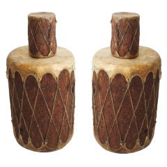 Antique Pair Of 19thc Indian Drums/wood And Rawhide