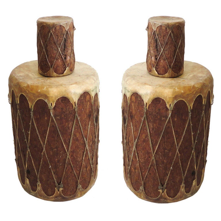 Pair Of 19thc Indian Drums/wood And Rawhide