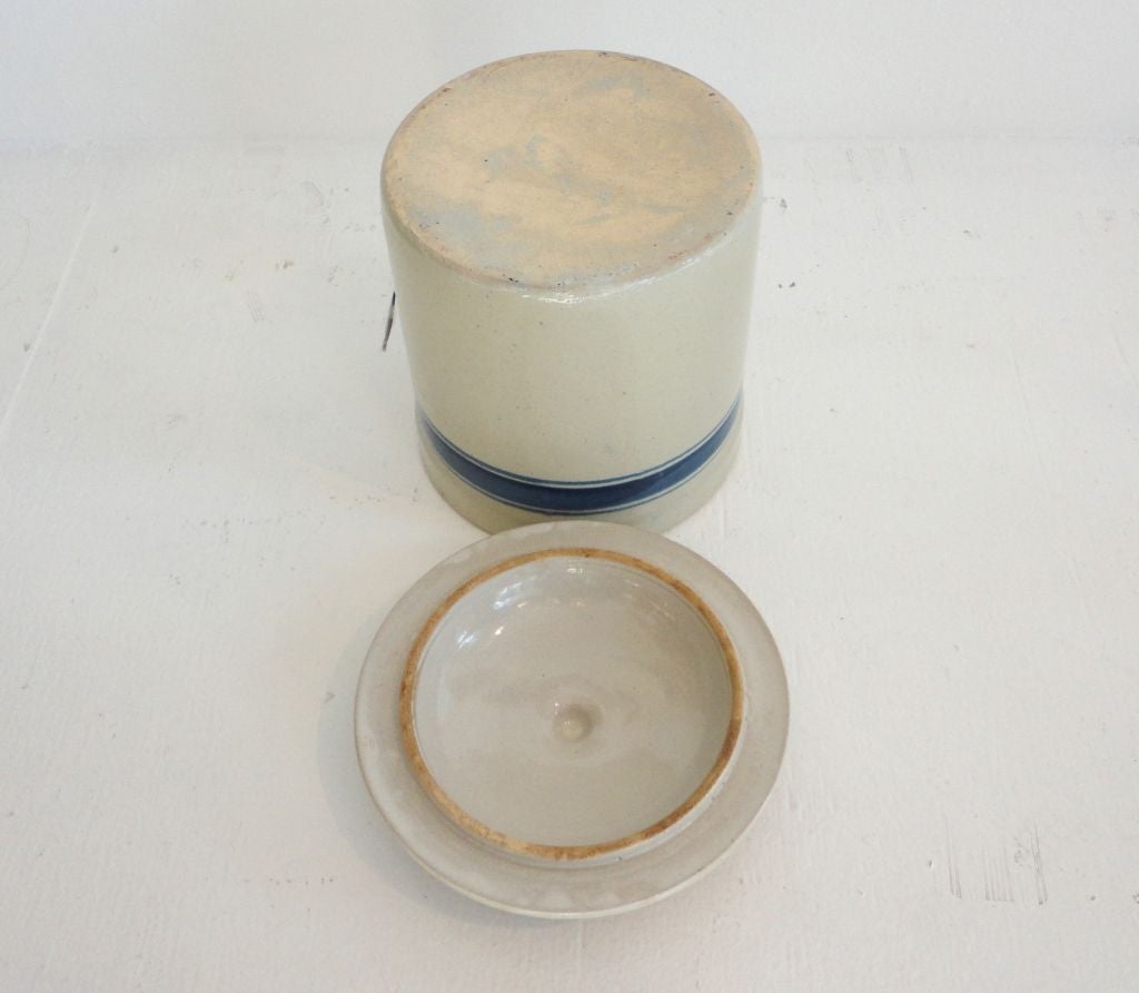 19th Century Fantastic 19thc Blue Striped Crocks/canister Set W/lids