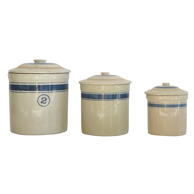 Fantastic 19thc Blue Striped Crocks/canister Set W/lids