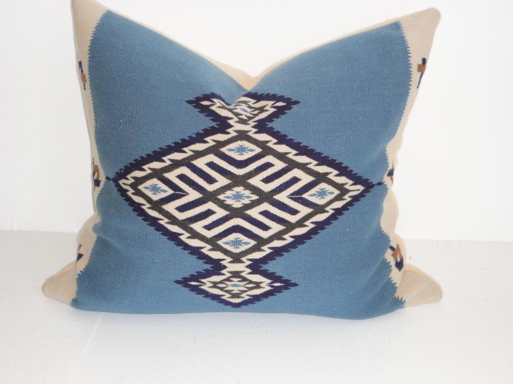 FANTASTIC TEXCOCO INDIAN WEAVING LARGE PILLOW WITH WOOL HOMESPUN BLANKET BACKING.GREAT CONDITION.
