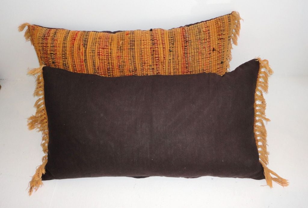 Mid-20th Century Pair Of Handmade Rag Rug  Bolster Pillows W/fringe