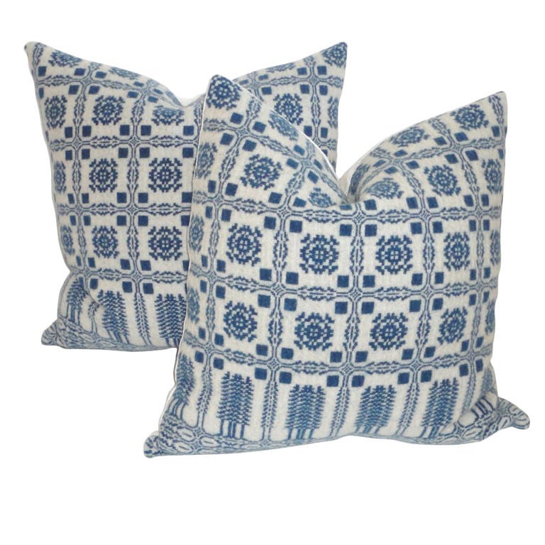 19TH C. BEAUTIFUL BLUE AND WHITE COVERLET PILLOWS. SOLD INDIVIDUALLY FOR $395 OR A PAIR FOR $695.