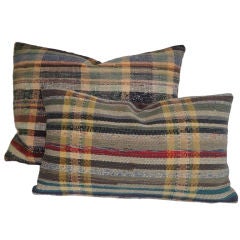 Pair Of 19thc Rag Rug Bolster Pillows With Brown Linen Backing Antique Pair Of 19thc Rag Rug Bolster Pillows With Brown Linen Backing