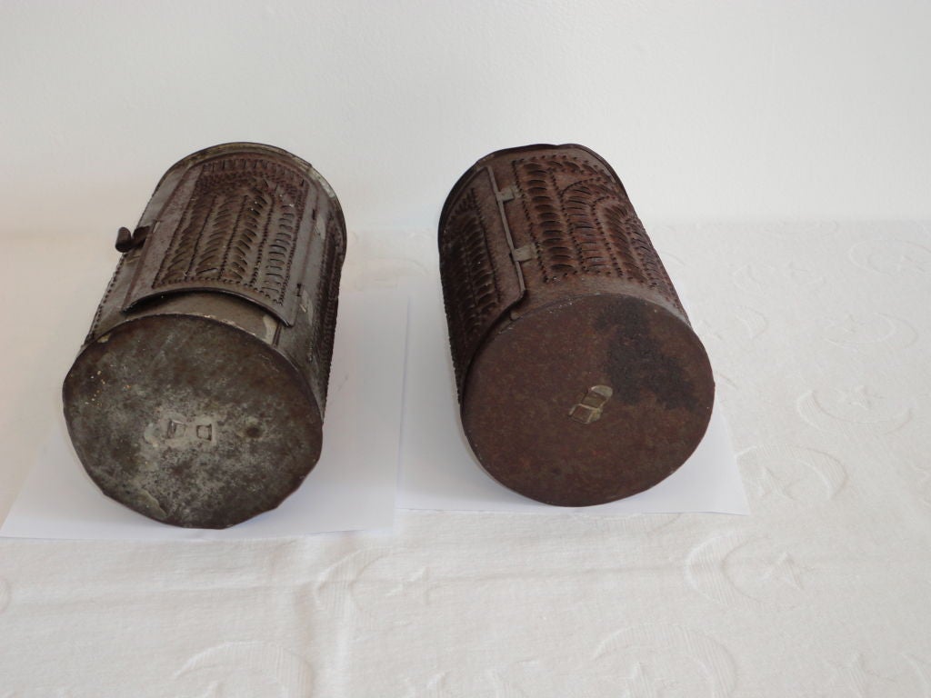 Pair Of Early 19thc Punched Tin Lanterns W/candle Holder  Inside 3