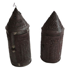 Pair Of Early 19thc Punched Tin Lanterns W/candle Holder  Inside