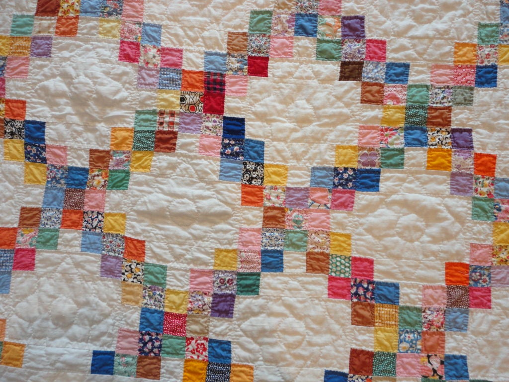 Hand-Woven Signed and Dated 1941 Postage Stamp Double Irish Chain Quilt