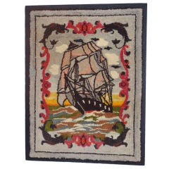 Mounted Early 20thc Nautical Hand Hooked Rug