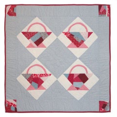 Vintage Fantastic & Folky 1940's Basket Crib Quilt Mounted On Frame