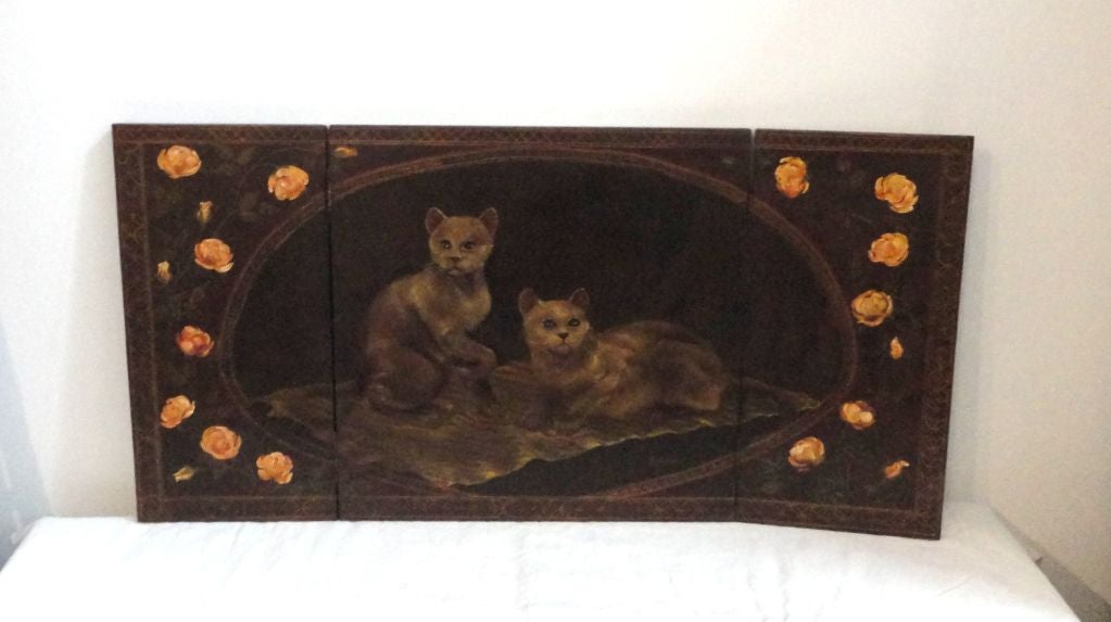 19THC FOLKY ORIGINAL PAINTING ON BOARD OF CATS ON A RUG.FROM A PRIVATE COLLECTION AND IS SIGNED 