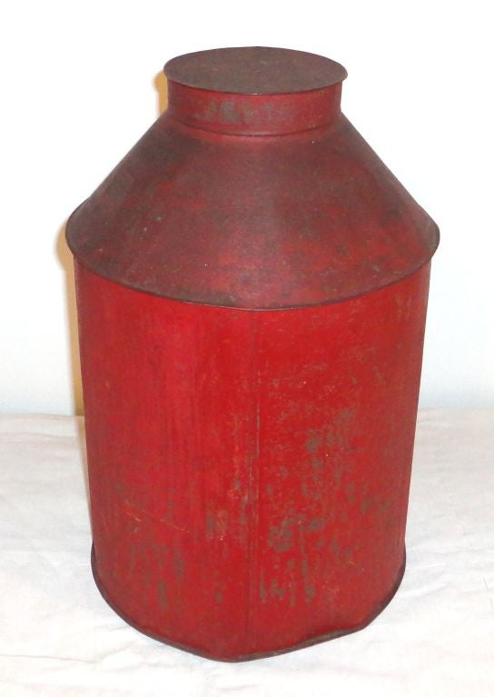 Lg. 19thc Original Red Painted Tole Tea Tin From New England