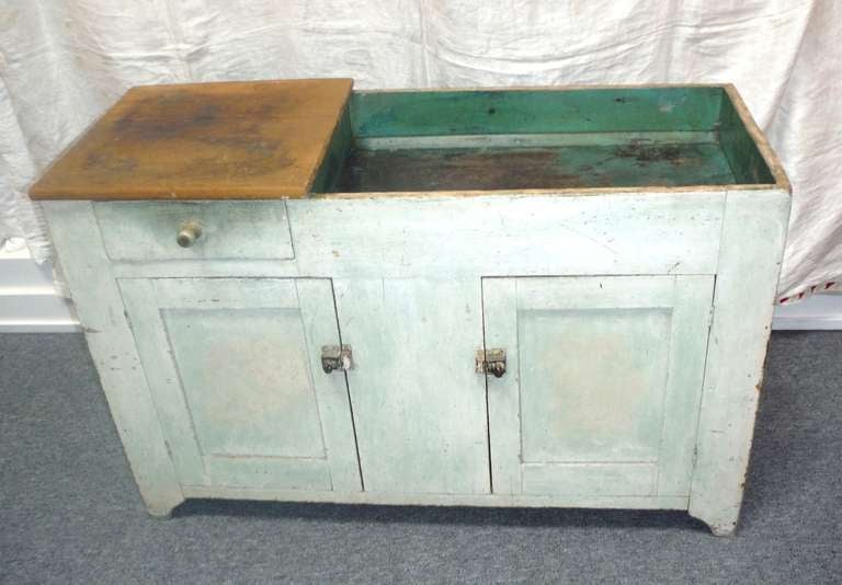 19thc Original Cream Over Green Painted Dry Sink